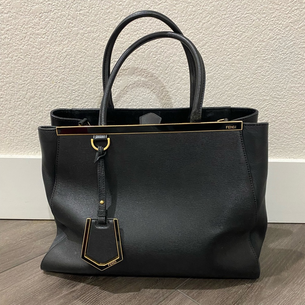 Fendi 2 Jours Leather Tote/Crossbody Black with Gold Hardware
